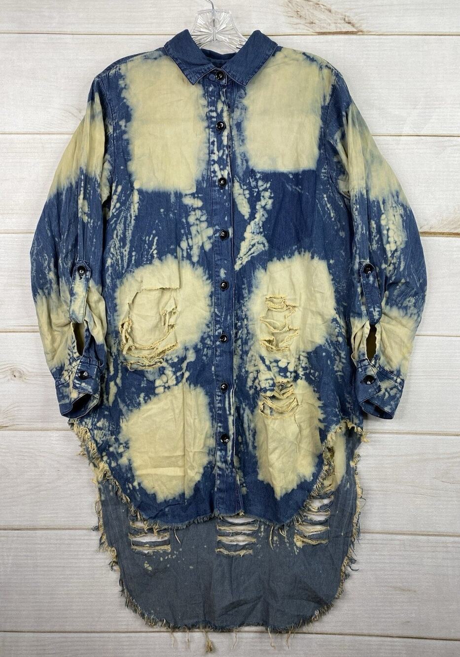 Thrill Jeans Womens Denim Shirt Sz L Acid Wash Distressed Button Up Roll Sleeve